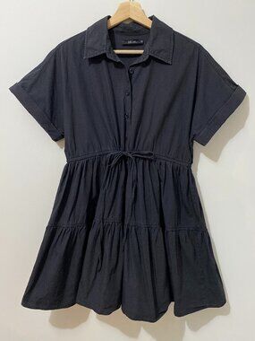 Deluc 100% Cotton Mini Babydoll Shirt Dress Tiered Tie Waist Summer Minimalist